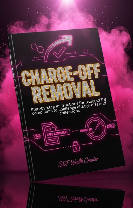 Book titled 'Charge-Off Removal' with pink smoke effect on a dark background