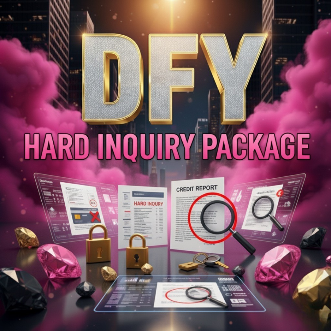 Promotional graphic for a 'DFY Hard Inquiry Package' with cityscape background and financial documents.