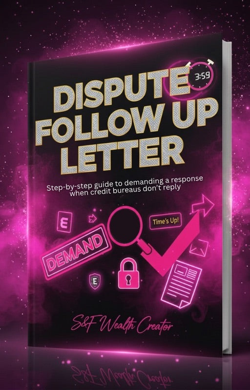 Book titled 'Dispute Follow Up Letter' with neon pink graphics on a dark background