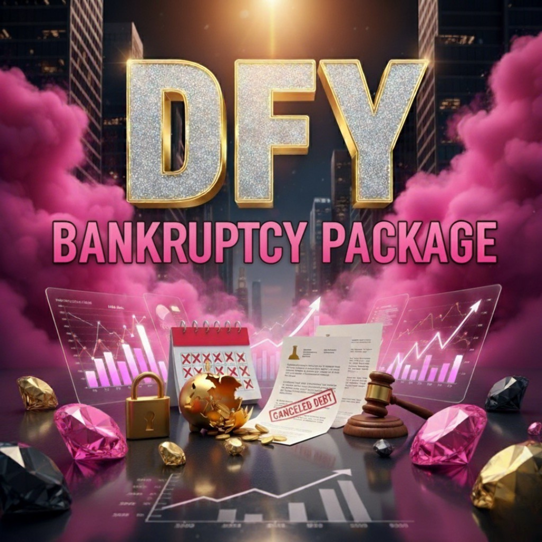 Promotional graphic for a 'DFY Bankruptcy Package' with financial elements and pink smoke effects.