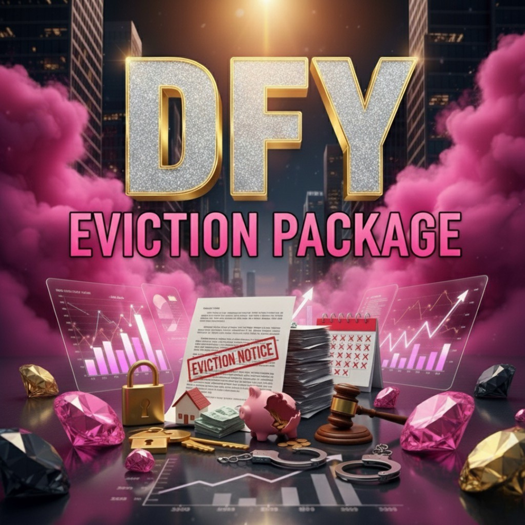 Promotional graphic for 'DFY Eviction Package' with legal documents, gavel, and decorative elements against a cityscape background.
