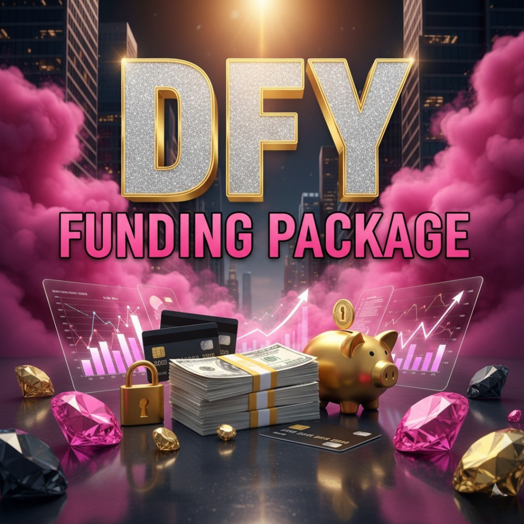 Promotional graphic for 'DFY Funding Package' with piggy bank, money, and cityscape background.