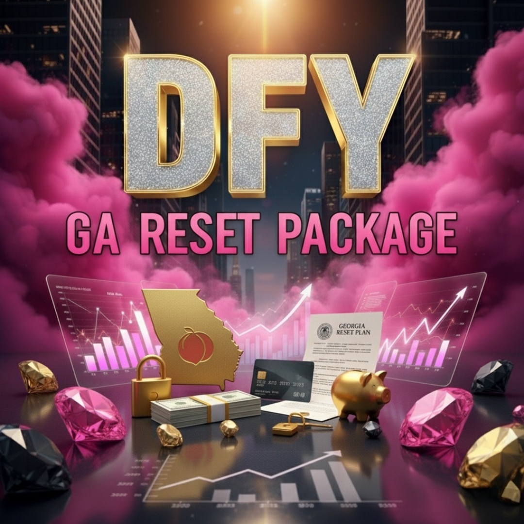 Promotional image for a 'DFY GA Reset Package' with gold and pink elements, cityscape background, and financial symbols.