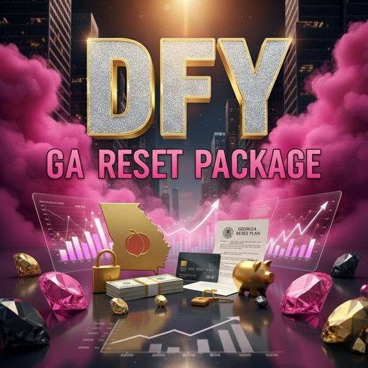 Promotional image for a 'DFY GA Reset Package' with gold and pink elements, cityscape background, and financial symbols.