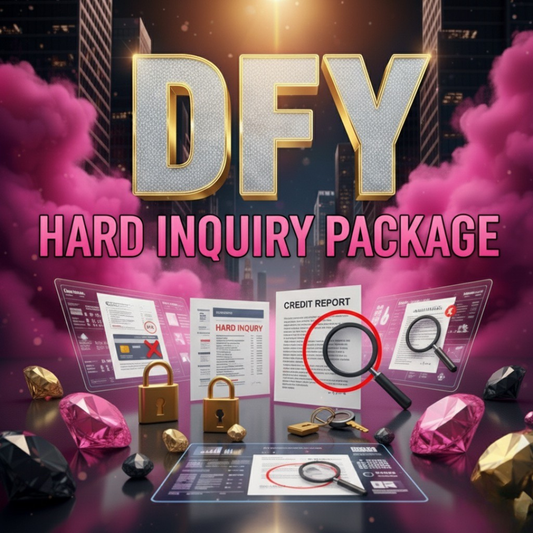 Promotional graphic for a 'DFY Hard Inquiry Package' with cityscape background and financial documents.