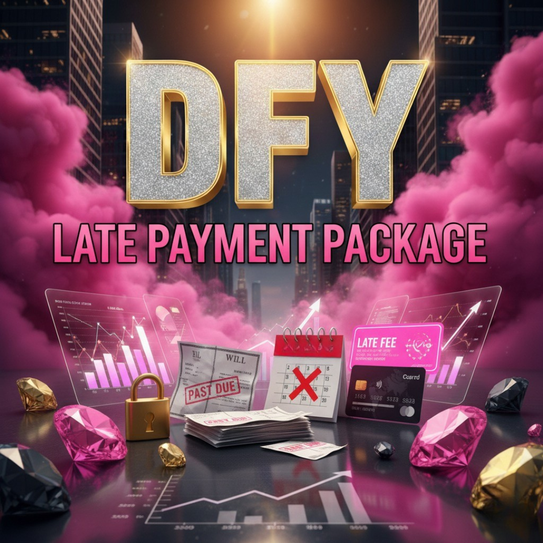 Promotional graphic for 'DFY Late Payment Package' with financial documents and pink smoke effects.