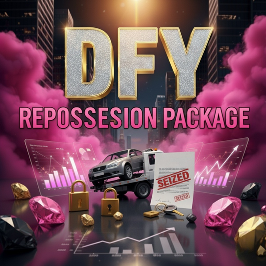 Promotional graphic for DFY Repossession Package with car, graphs, and pink smoke.