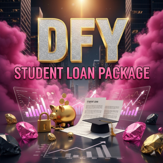 Promotional image for a 'DFY Student Loan Package' with gold piggy bank, graduation cap, and pink smoke effects.