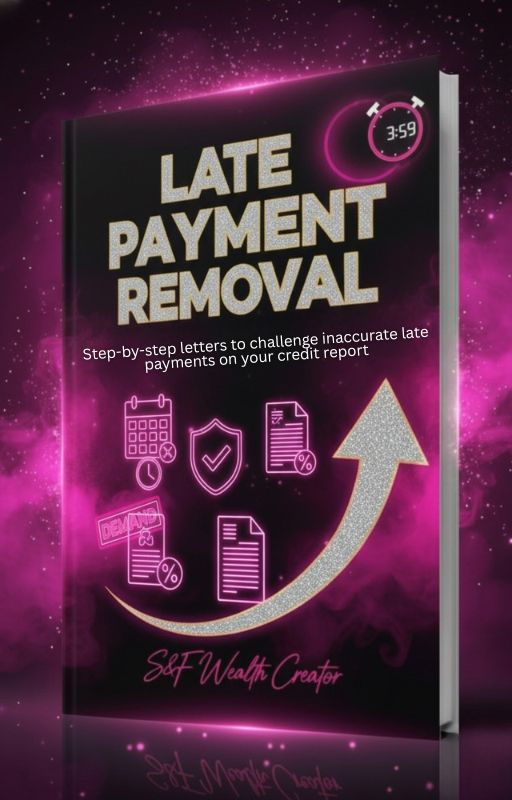 Book titled 'Late Payment Removal' with icons and text on a dark background
