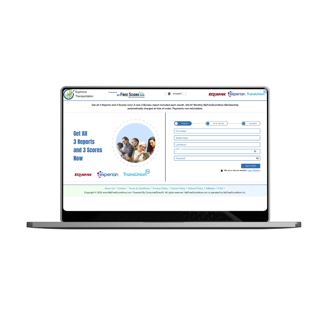Laptop displaying the Equifax TransUnion website on a white background