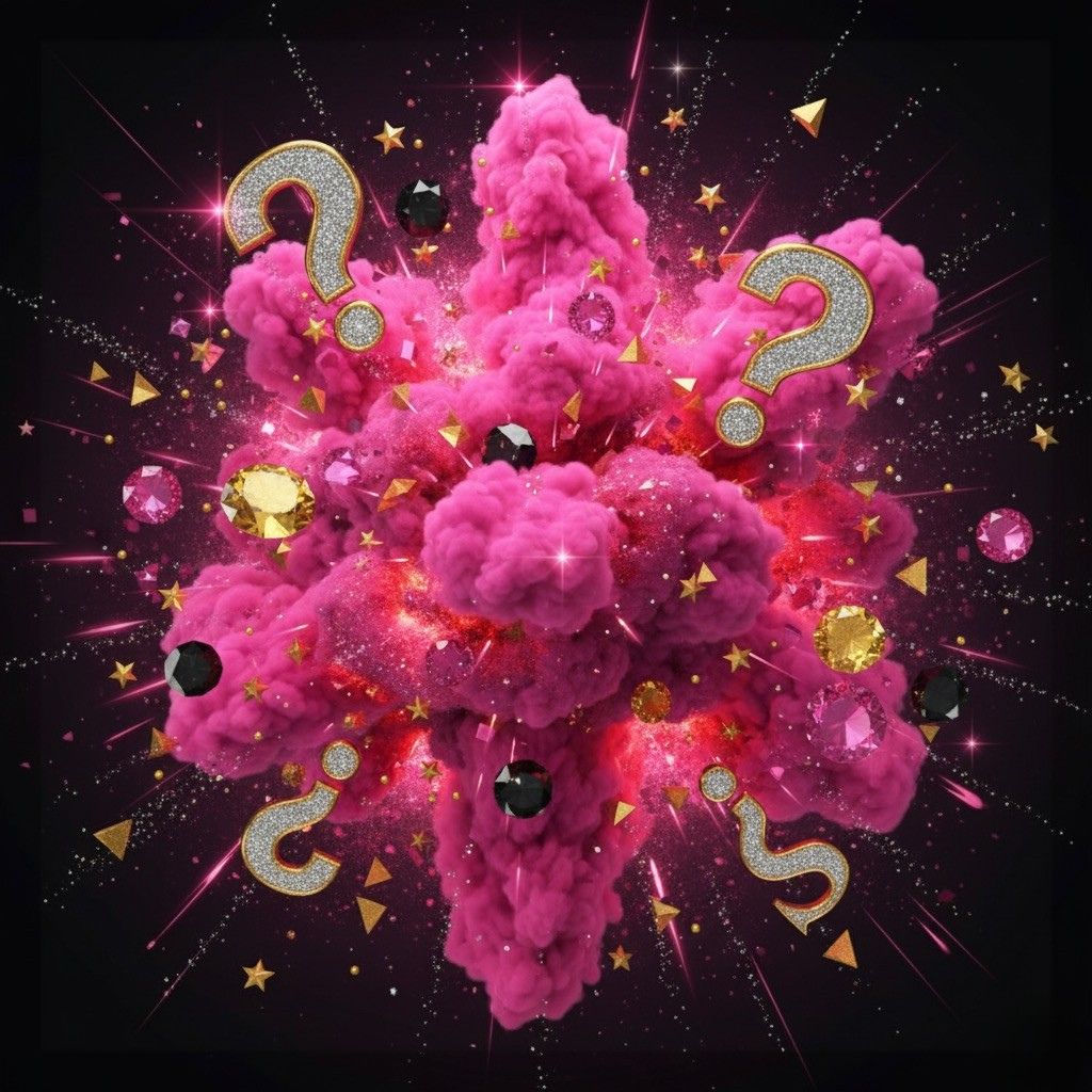 Pink cloud-like design with question marks and stars on a dark background