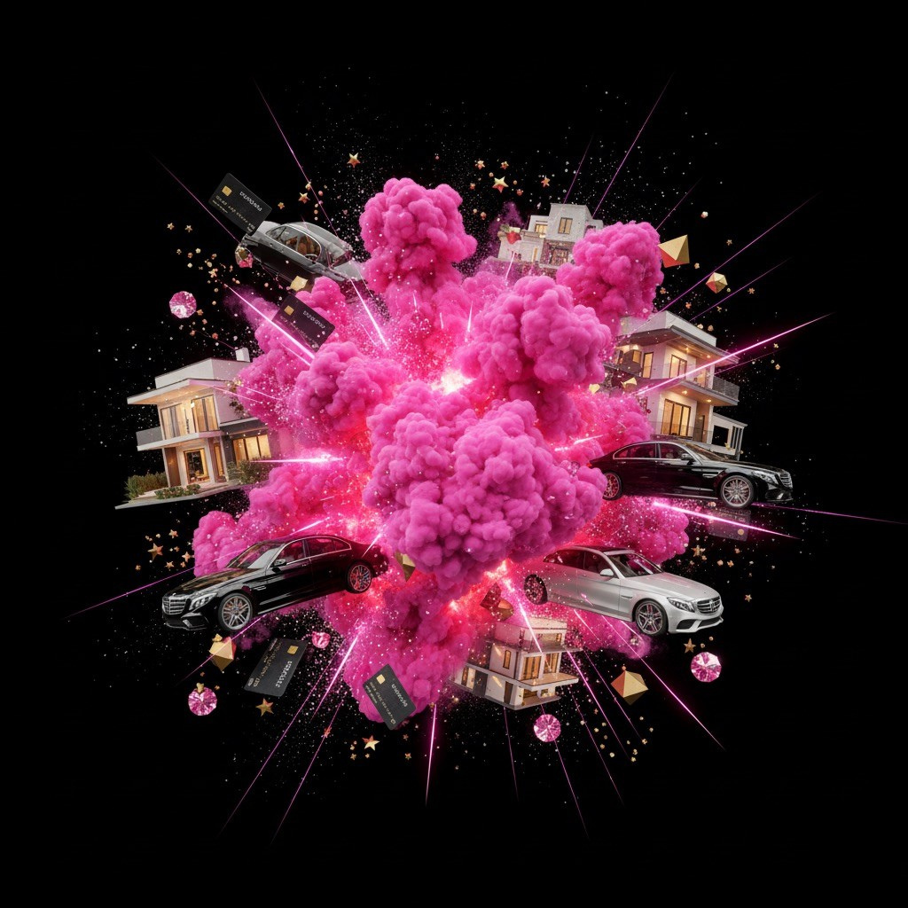 Pink explosion with cars and buildings on a black background