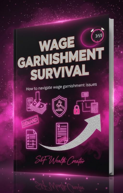 Book titled 'Wage Garnishment Survival' with icons on a dark background