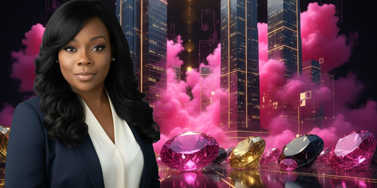 Woman in professional attire with luxurious background featuring diamonds and pink smoke.